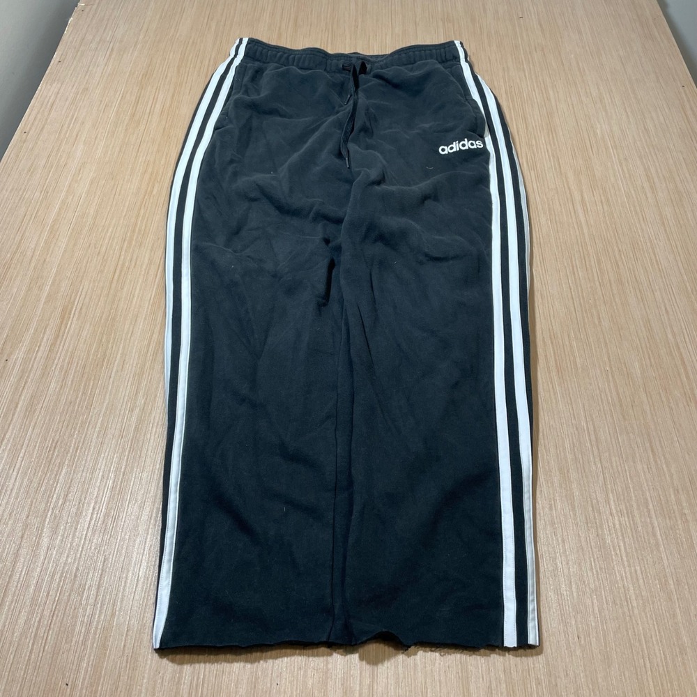 Adidas Sweatpants Mens Medium Black White 3 Stripe Raw Hem Fleece Joggers